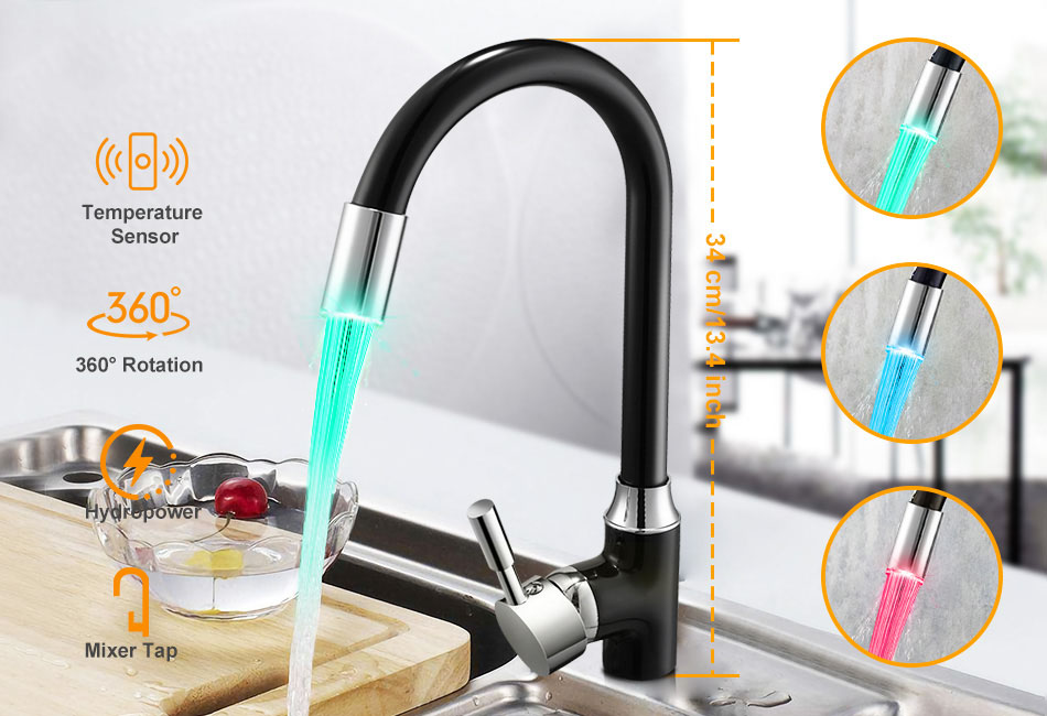 Details About 360 Led Kitchen Sink Water Tap 3 Color Change Faucet Mixer Temperature Sensor