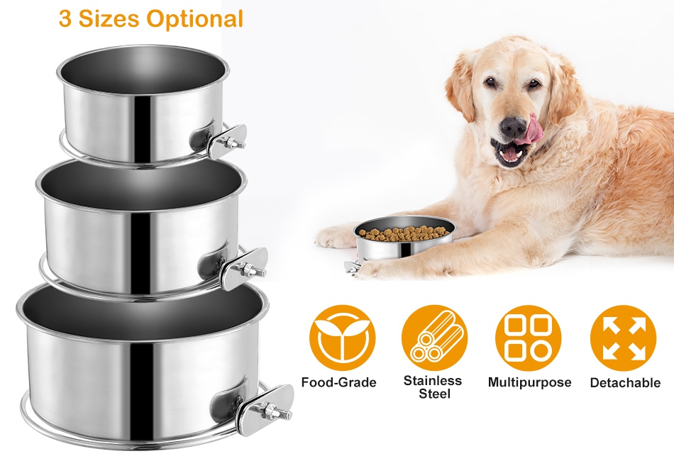 Hanging Crate Dog Bowl Food Water Feeder Stainless Steel Coop Cup
