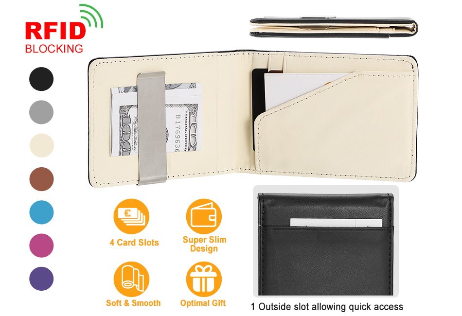 Men/'s Leather Bi-fold Wallet ID Credit Card Holder Silver Money Clip Slim design
