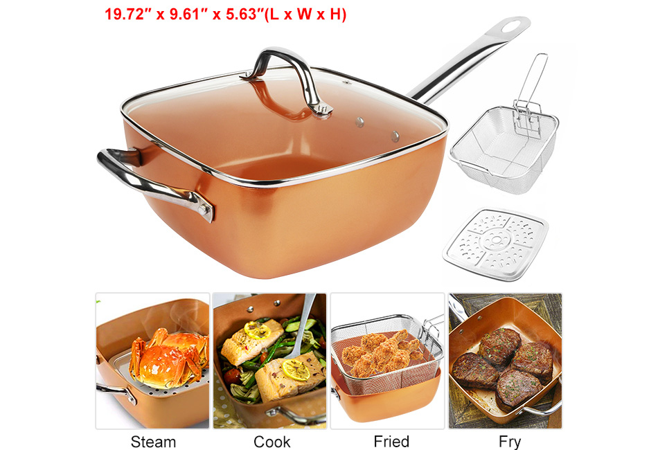red copper square pan with lid