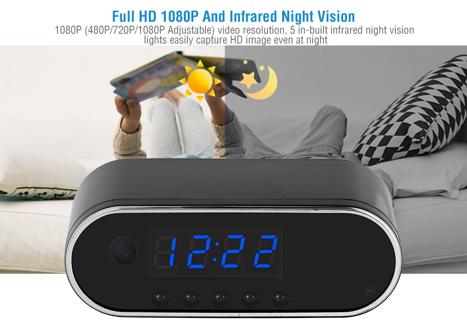 1080P WiFi Camera Motion Sensor Security Alarm Clock Night Vision Nanny