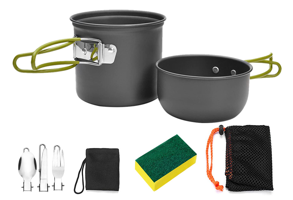Kit Camping 9 Pièces - Casseroles Aluminium, Réchaud Gaz, Ustensiles