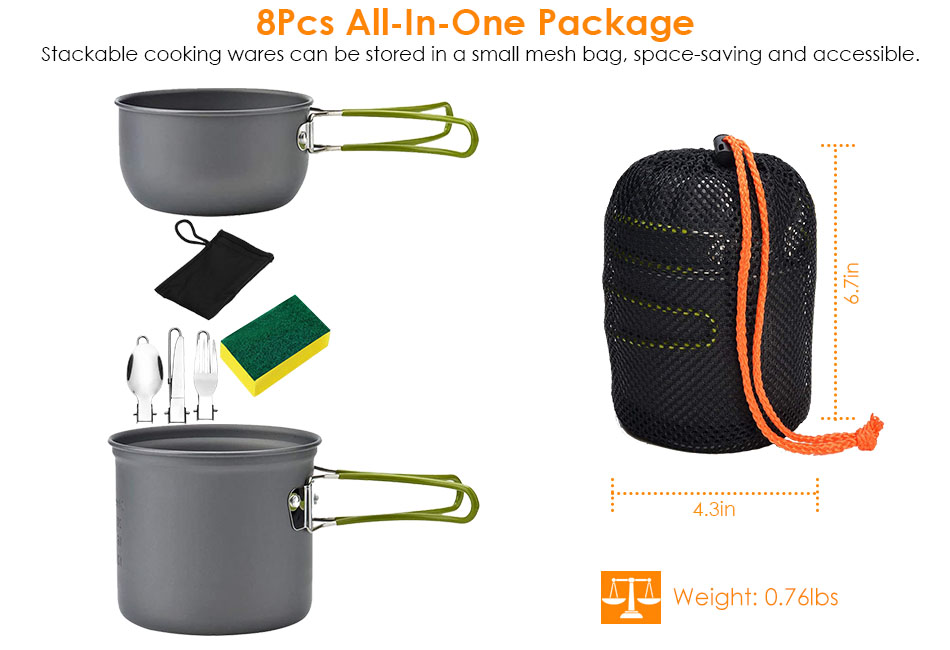 8PCS Portable Camping Cookware Backpacking Hiking Cooking
