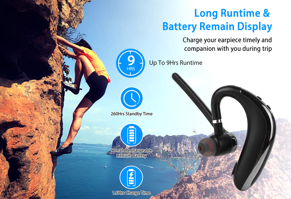 Bluetooth Single Ear Headset, Wireless Earpiece With 180 Degree Rotatable Microphone, 300mAh Waterproof Mono Headset With Digital Display, 78 Hours Playtime, For Driving Business