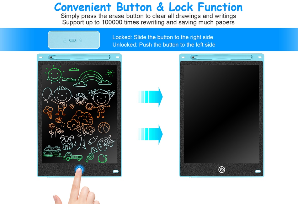 iMounTEK 12in Black LCD Writing Tablet Kid Electronic Colorful Doodle Pad  Kid Educational Drawing Board with Lock Stylus Pen for Kids over 3 Years Old