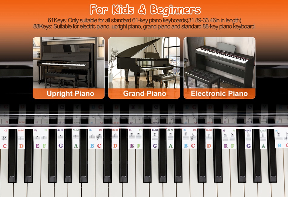 Yosoo Piano Key Stickers For 61-Key Keyboards - Removable Colorful Learning Stickers For Beginners