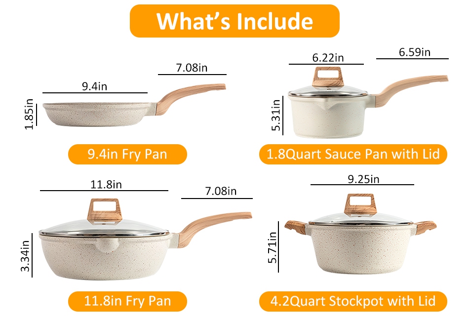 5 Pcs Kitchen Cookware Sets Granite Cookware Nonstick Cooking Set w/ Frying Pans