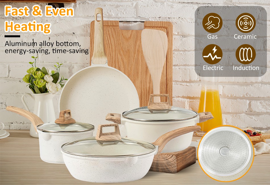 5 Pcs Kitchen Cookware Sets Granite Cookware Nonstick Cooking Set w/ Frying Pans