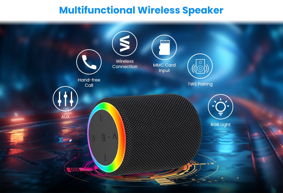 Portable Wireless Speaker w/7 RGB Lights Powerful Crystal Clear