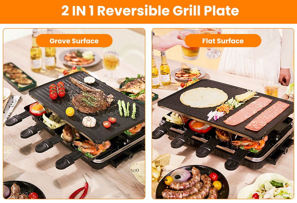 Indoor Grill BBQ Grill Non-Stick Griddle Electric Grill Raclette Grill w/ 8 Pans