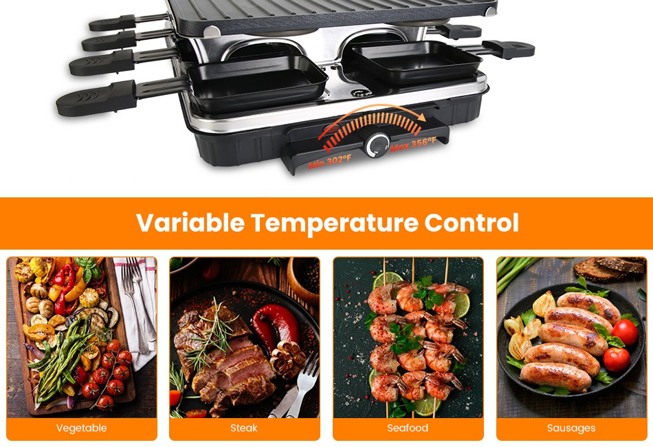 Indoor Grill BBQ Grill Non-Stick Griddle Electric Grill Raclette Grill w/ 8 Pans