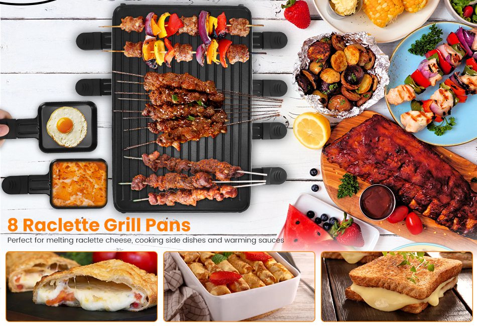 Indoor Grill BBQ Grill Non-Stick Griddle Electric Grill Raclette Grill w/ 8 Pans