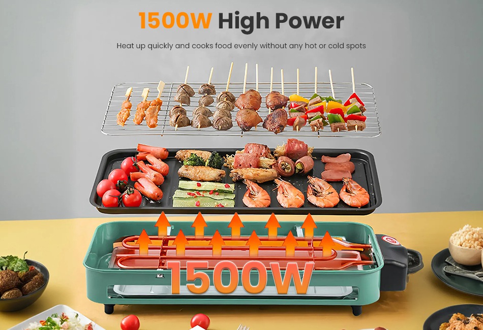1500W Electric Indoor Grill  in1 Electric BBQ Gill w/ Grill Net Removable Plate