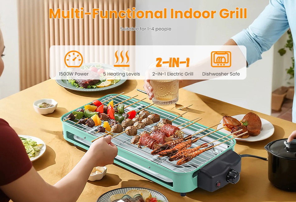 1500W Electric Indoor Grill  in1 Electric BBQ Gill w/ Grill Net Removable Plate